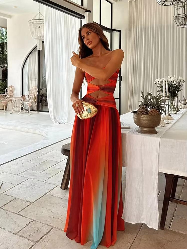 Tie-dye Gradient Hollow Out Women's Maxi Dress Elegant Off Shoulder A-line Hem Long Dresses New Summer Holiday Female Robes