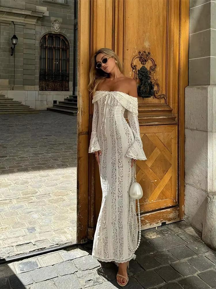 Hollow Out Lace Backless Slim Long Dress Women Strapless Lace Up Off Shoulder Dresses Chic New Sexy Female Party Club Robes