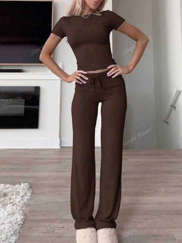 2pcs Women Summer Crew Neck Short Sleeve Solid Color T-Shirt And Long Pants Suit