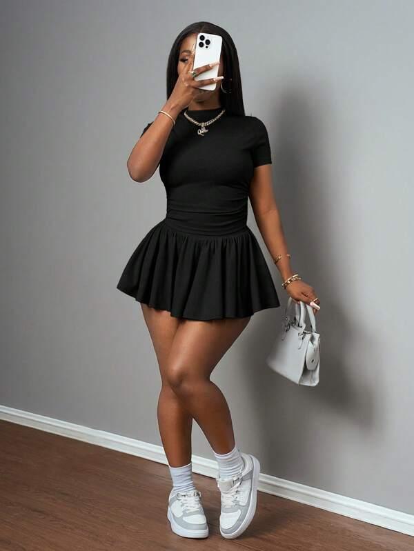 Slaydiva Cute Casual Gray Skirt Set: Short Sleeve Crop Top And Pleated Mini Skirt,Summer Dresses For Women