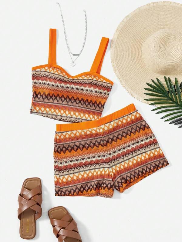 VCAY Geo Pattern Contrasting Wide Straps Top & Shorts Two-Piece Set