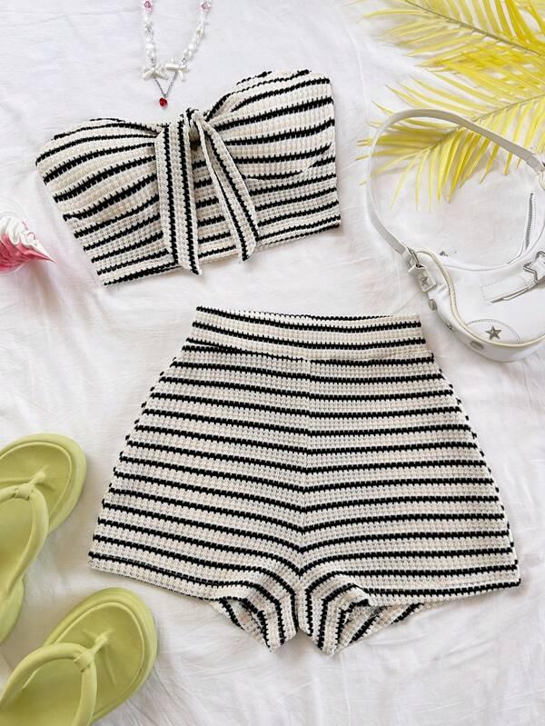Soleia 2 Pieces Striped Cropped Top And High Waist Shorts Set For Women, Suitable For Vacation, Date, Afternoon Tea, Beach, Cruise, City Trip, Music Festival, Boho Style Beach 2 Piece Set