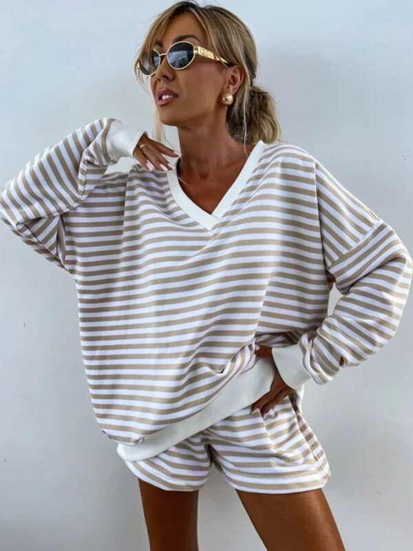 Women Striped Long Sleeve Top & Shorts, Loose Printed Color Block Pajama Set, Casual Loungewear Outfit