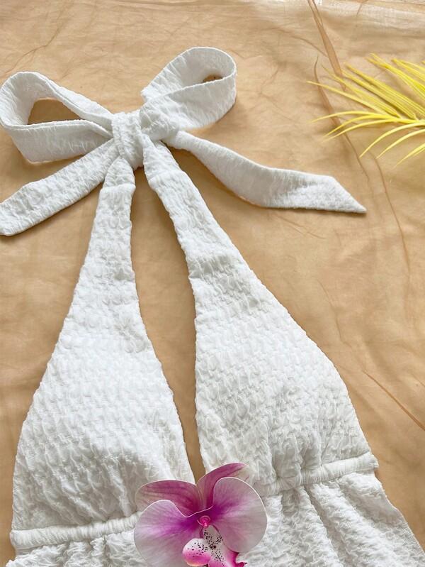 Soleia Women Tie-Neck Backless Floral Decor Camisole & Mini Skirt Set, White Textured Fabric, For Vacation, Beach, Boho Style