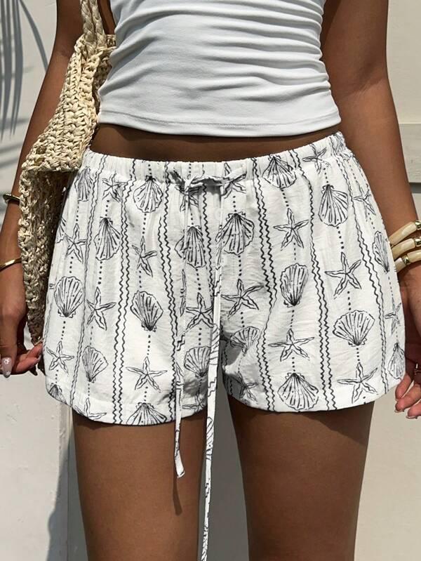 Women's Sea Shell & Starfish Striped Button Decorated Belted Waist Shorts, Spring/Summer