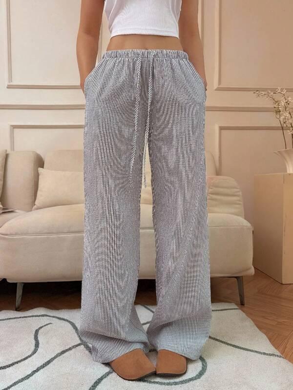 Flirla Blue & White Stripe Bubble Crinkle Fabric Low Waist Drawstring Tie-Up Slant Pocket Straight Leg Pants, Extra Soft & Comfortable Casual Home Daily Wear Trousers For Women, Summer