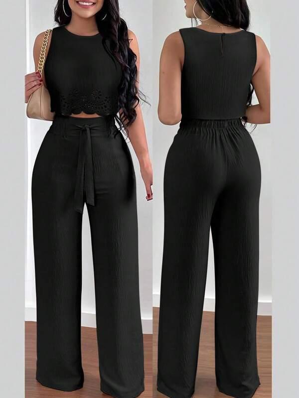 2pcs Elegant Vacation Set - Round Neck Tank Top + Hollow Out Tie Pants, Casual For Women