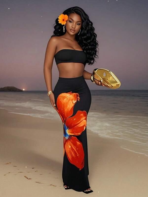 2pcs New Summer Beach Holiday Everyday Sexy Cropped Tube Top + Floral Print Skirt Women Suits,Summer Sets