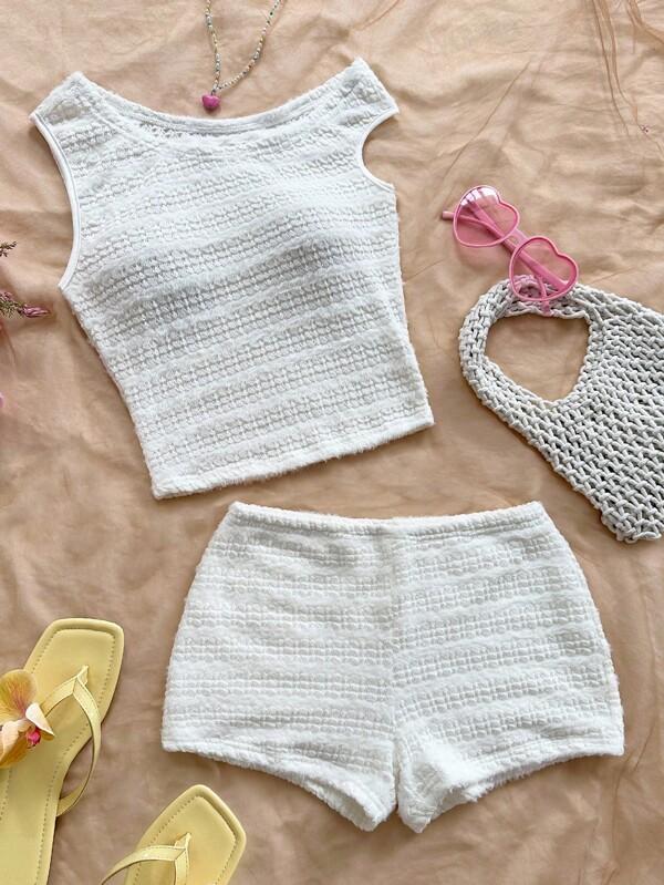2pcs Women's Vacation Set: Asymmetrical Shoulder Form-Fitting Top And Super Low-Rise Skinny Shorts, Two Piece Set