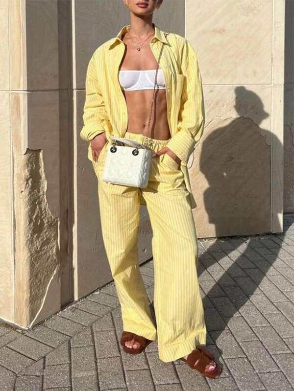 Women's Striped Drop Shoulder Long Sleeve Blouse And Wide Leg Pants Set, Casual Spring Summer Two-Piece Outfit