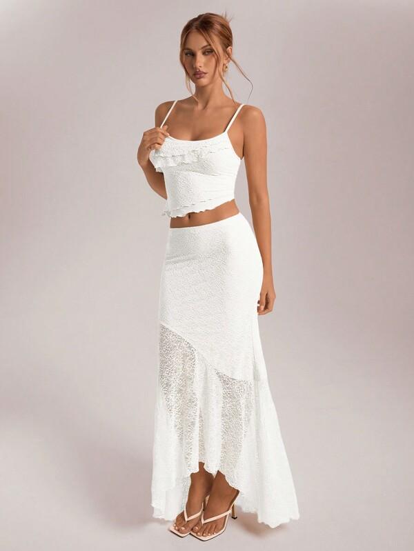 Women's Spring Summer Holiday/Wedding Lace Asymmetric Hem Camisole Top And Low Waist Ruffle Hem Mermaid Skirt 2-Piece Set