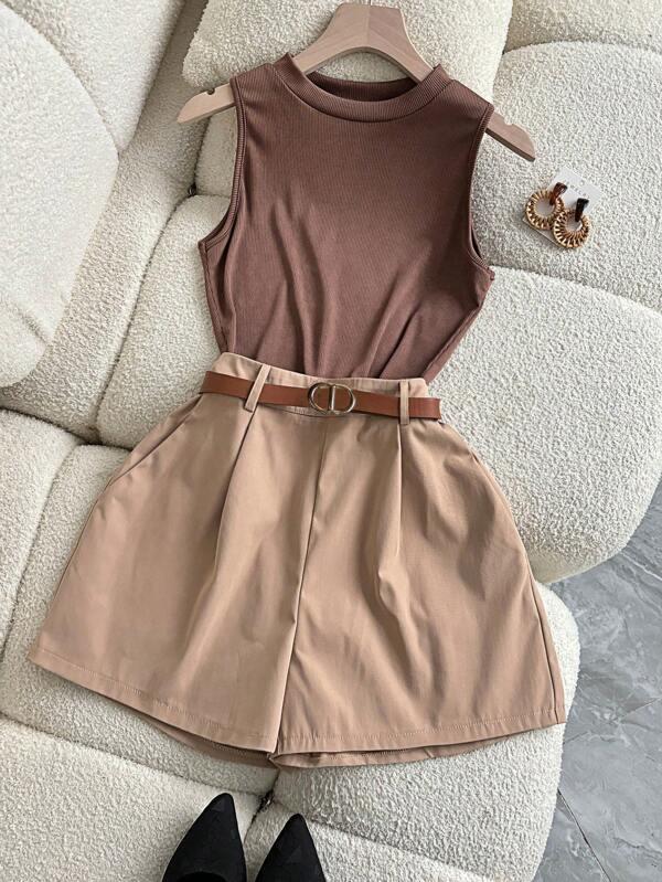 Women Summer Business Casual Outfit: Coffee Brown Sleeveless Mock Neck Bodysuit With Pocket & Belt Decor, Brown Vertical Striped Wide Leg Shorts