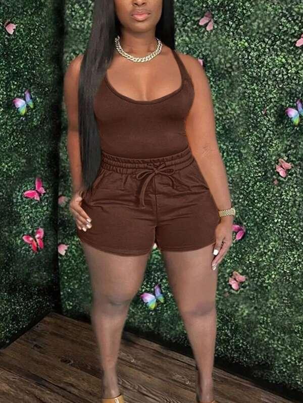 Women's Summer U-Neck Cropped Tank Top And Drawstring Pocket Shorts Set Outfits SKU: sz2403084124320655