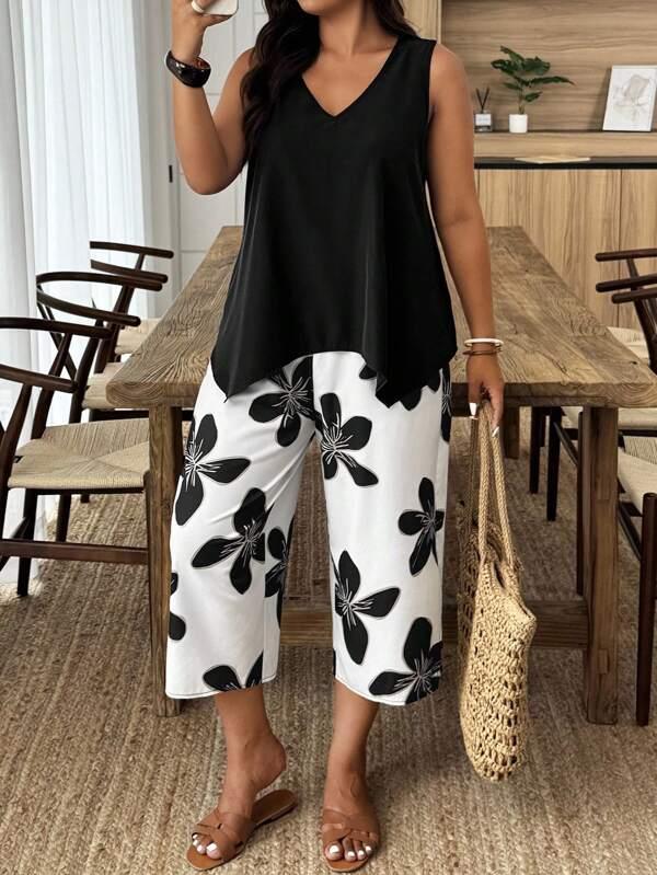 Casual Vacation Style Sleeveless Plus Size 2 Pieces Set With Floral Patchwork