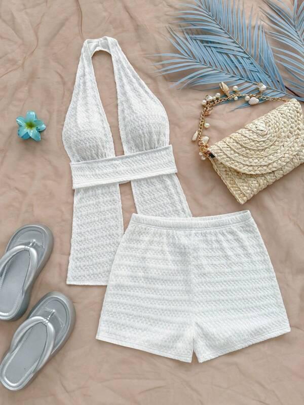 2pcs/Set Women Minimalist Solid Spaghetti Strap Top And Shorts, Sexy Island Vacation Outfits