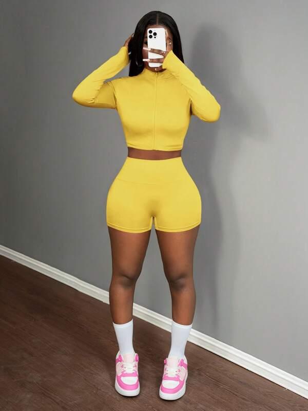 3pcs/Set Women Summer Casual Elastic Half Zip Up Crew Neck Fitted Long Sleeve Top, Sleeveless Cropped Tank, And Activewear Shorts