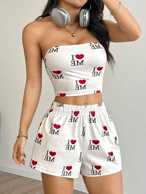 2pcs Women Casual Letter & Heart Print Cropped Camisole And Shorts Set