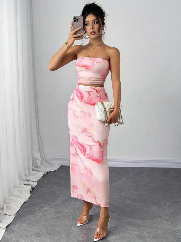 2pcs Set Tie Dye Print Mesh Ruffle Bandeau Top & Mini Skirt