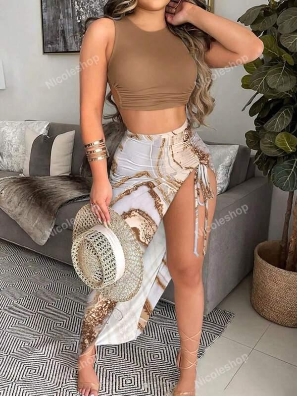 2pcs/Set Women Summer Lace-Up Backless Solid Color Vacation Honeymoon Cropped Top & Elastic Waist High Slit Drawstring Relaxed Elegant Skirt Suit