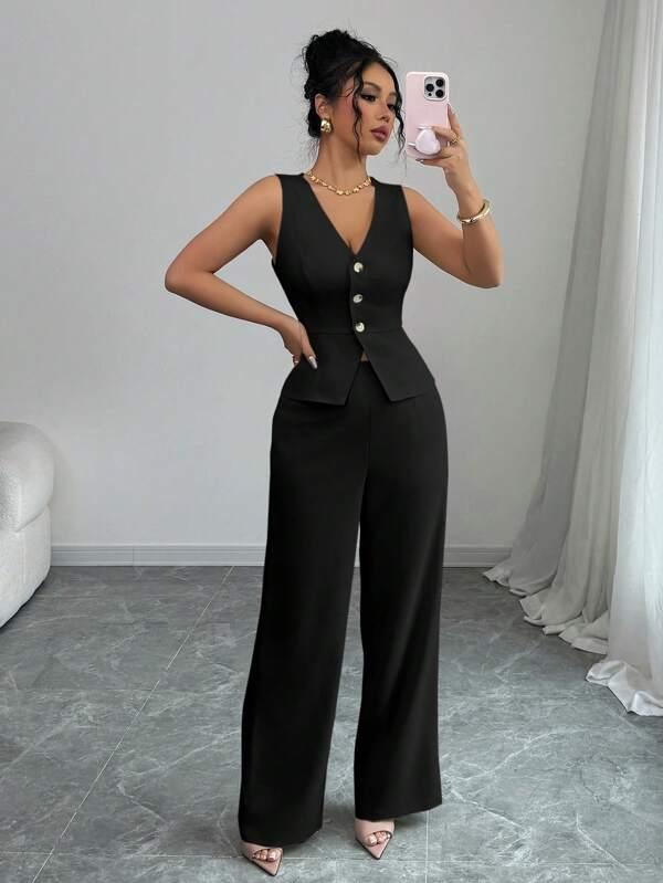 Women's Elegant Sleeveless Top And Pants Set, Business Commuter Style, Fall Women Teacher Outfit