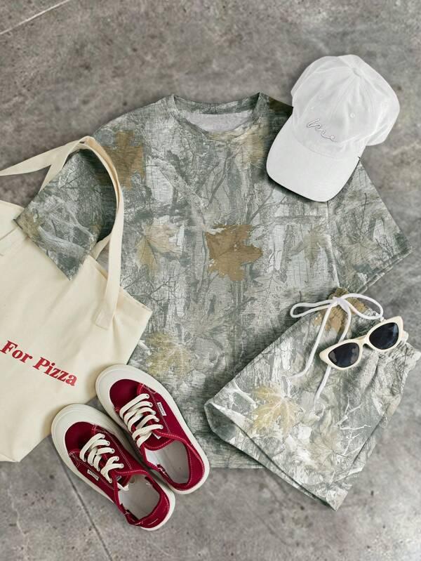 2pcs Camo Maple Print Women Casual Outfit, Suitable For Outdoor Recreation
