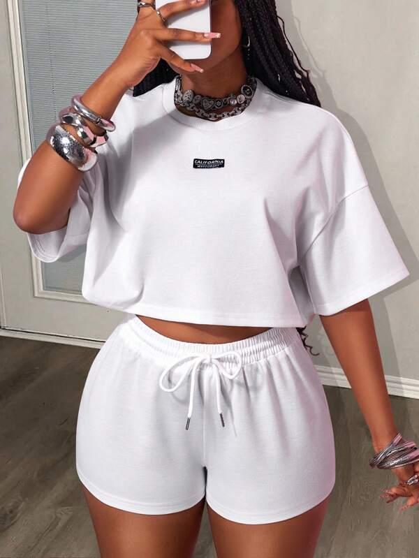 New Summer Casual Sports Street Style Retro College 2 Black Label Decoration Round Neck Short-Sleeved T-Shirt + Ultra-Short Shorts For  Woman