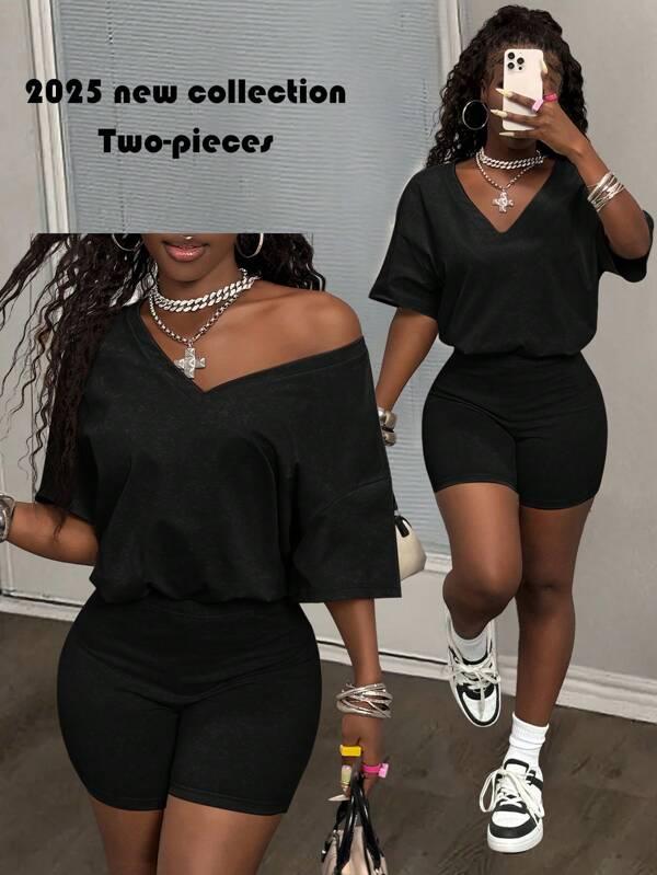 Summer New Casual Street Light Green Imitation Snowflake Fabric V-Neck Loose T-Shirt + High Waist Slim Cycling Shorts