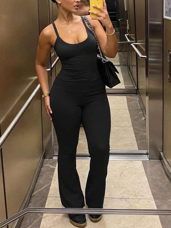 Women Solid Color Camisole Top And Long Pants Set,2pcs