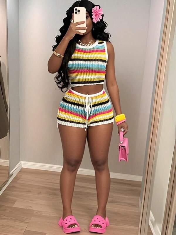 New Style Vacation Beach Casual Colorful Stripe Hollow Out Knit Halter Top + Tie-Up Shorts 2pcs Set