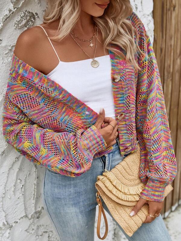 Space Dye Drop Shoulder Cardigan,Long Sleeve Tops