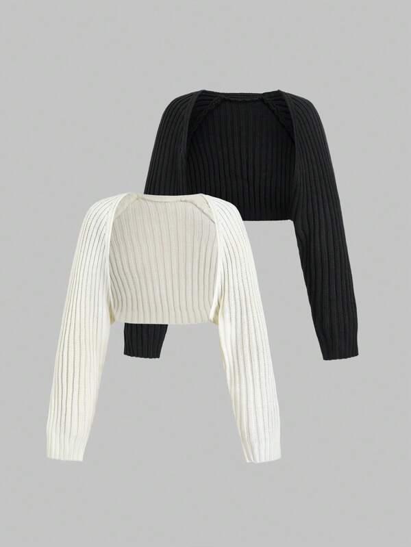 2pcs Solid Ribbed Knit Shrug Cardigan,Long Sleeve Tops