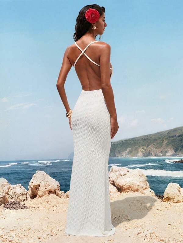 Women's V-Neck Backless Textured Knit Dress