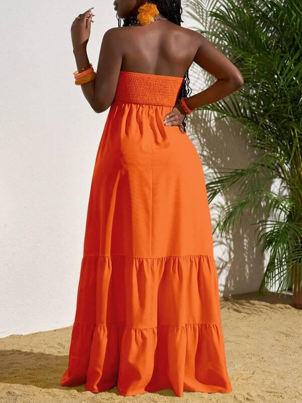 Women's Solid Color Vacation Tube Ruffle Hem Long Dress