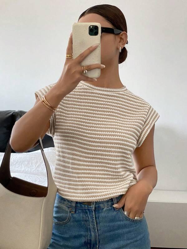 Women Striped Round Neck Short Sleeve Casual T-Shirt