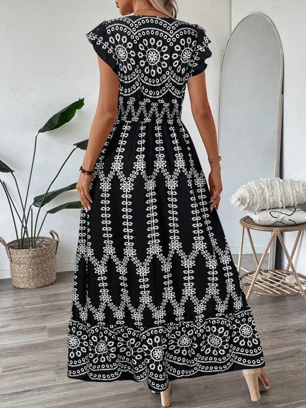 Shirred Ruffle Trim Flutter Sleeve Flared Waist Hem Maxi Dress For Women