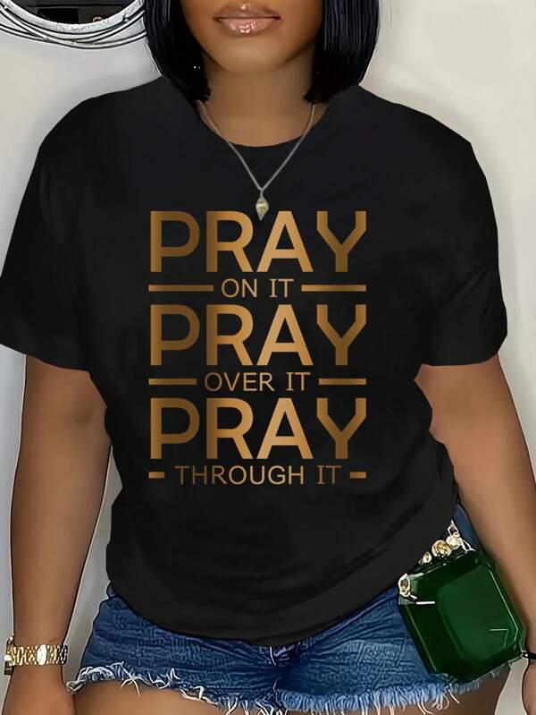 Women's Casual Round Neck Letter Print T-Shirt, Summer Graphic Tees Women Tops