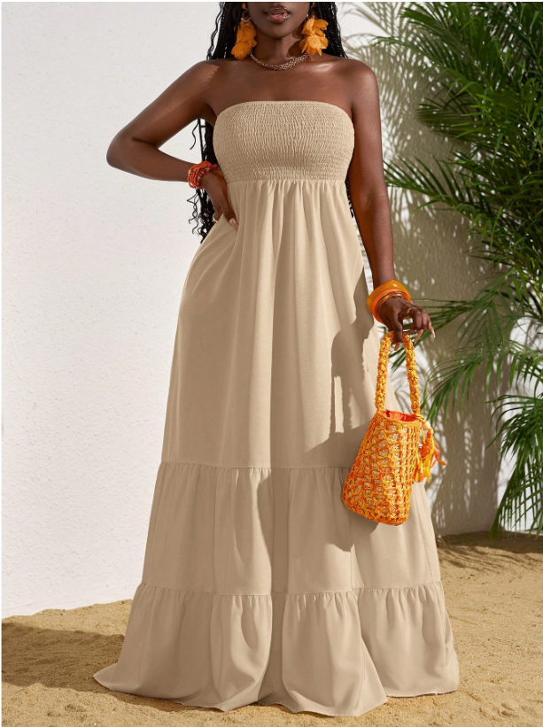 Casual Solid Color Tube Top Dress For Vacation