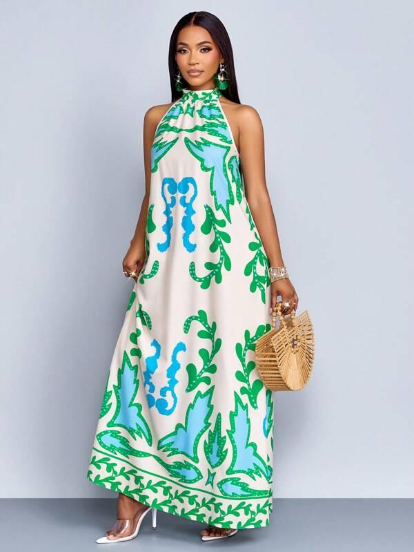 Women's Casual Vacation Elegant Blue Green Tropical Leaves Plant Print Halter Neck Strap Backless Sleeveless Maxi Dress