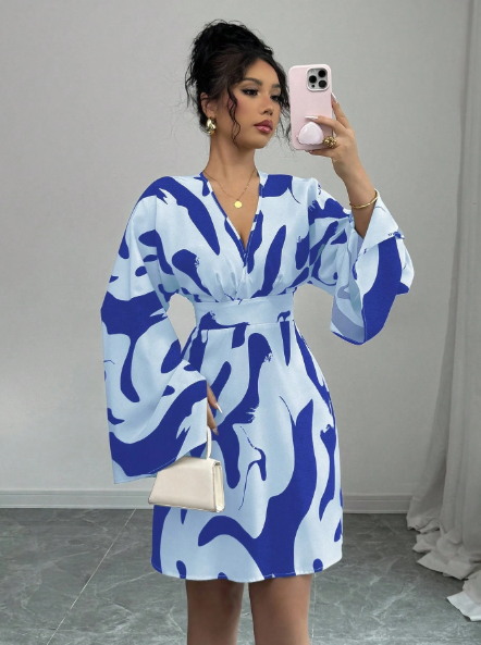 Elenzga Shirred Long Sleeve Ruched Back Floral Print Elegant Casual Vacation Mini Women Dress