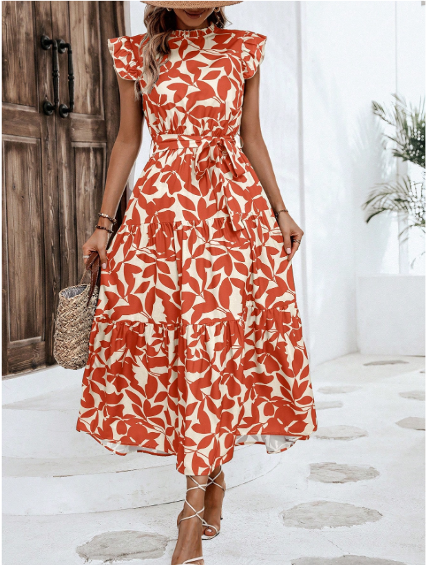Allover Print Ruffle Hem Belted Dress Maxi Women Outfit