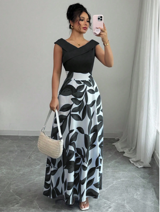 Women's Blue Contrasting Print Design V-Neck Waist Flare Casual Vacation Dress